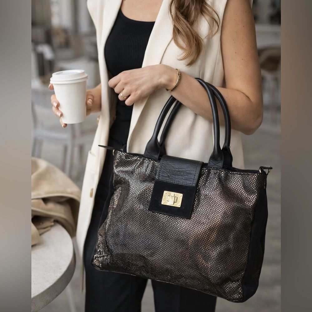 Nicoli Italian Leather Metallic Tote Black Gold Hardware Large Work/Travels Bag
